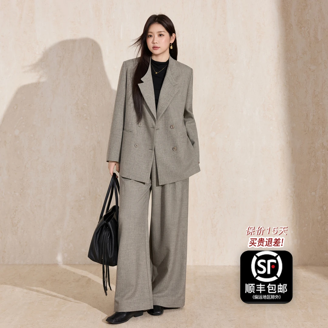 蓝语大码女装气质通勤宽松西装外套秋季新款显瘦直筒裤套装19571