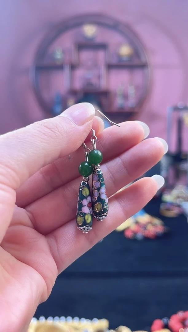 非遗 景泰蓝耳饰 水滴 绿色