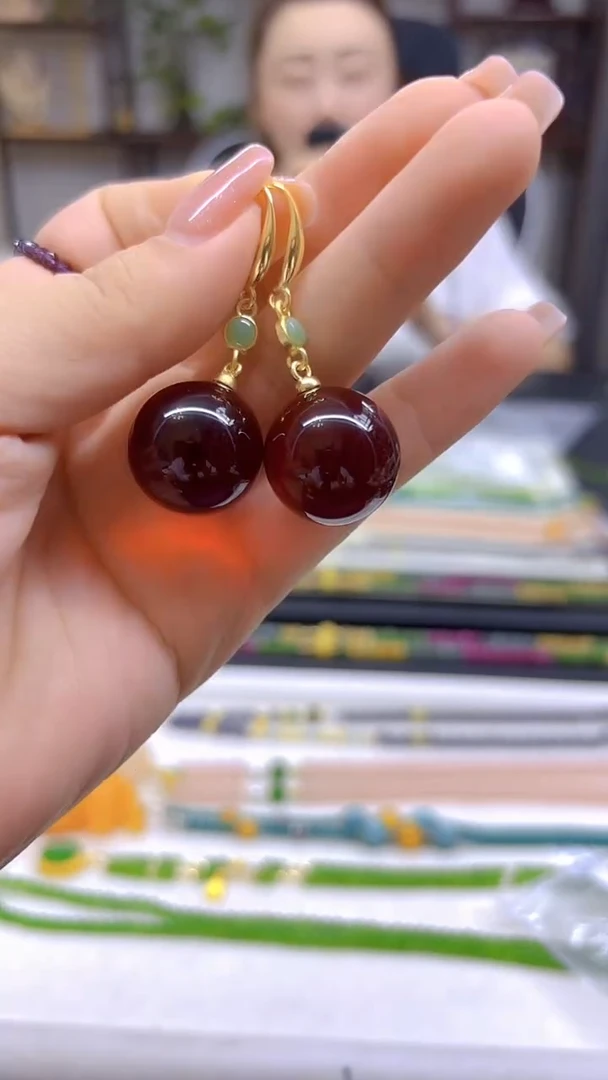 14K金镶嵌血珀耳饰DIY款E706