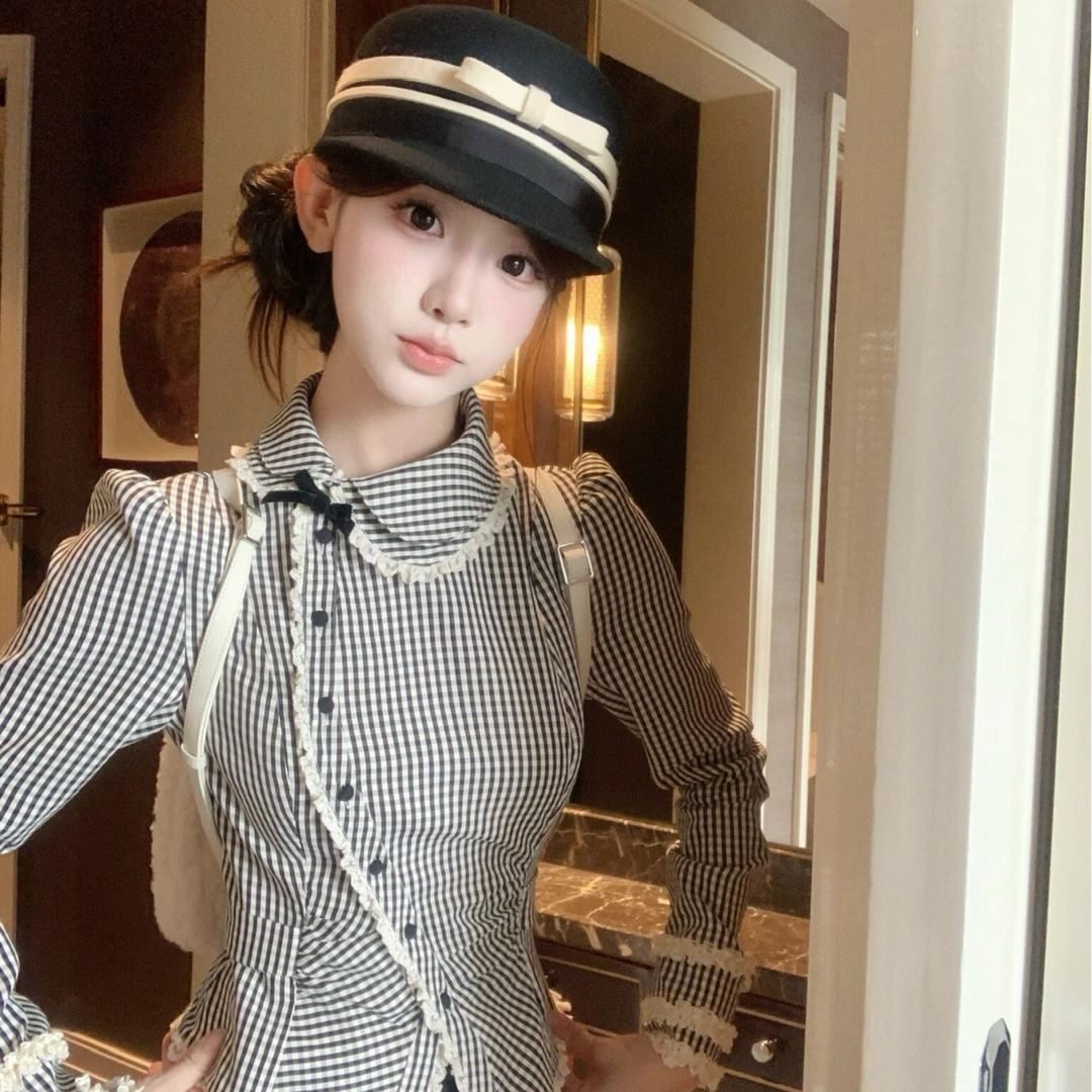 [ 乌木沉香 ] 减龄少女加绒格纹衬衫斜襟衬衣百褶半身裙套装