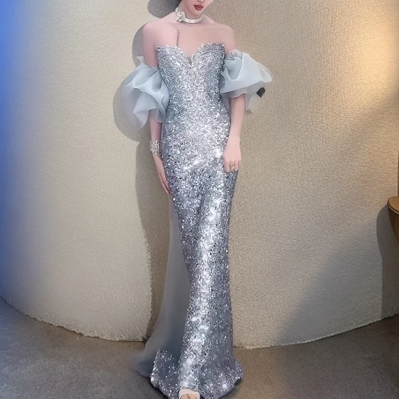 敬酒服新娘2025新款一字肩蓝色鱼尾亮片轻奢小众法式学生毕业礼服