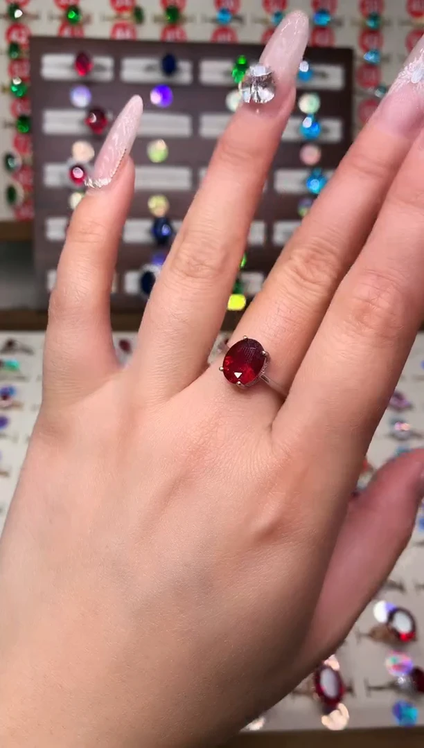 银S925镶嵌戒指红宝石8*10 酒红 银托