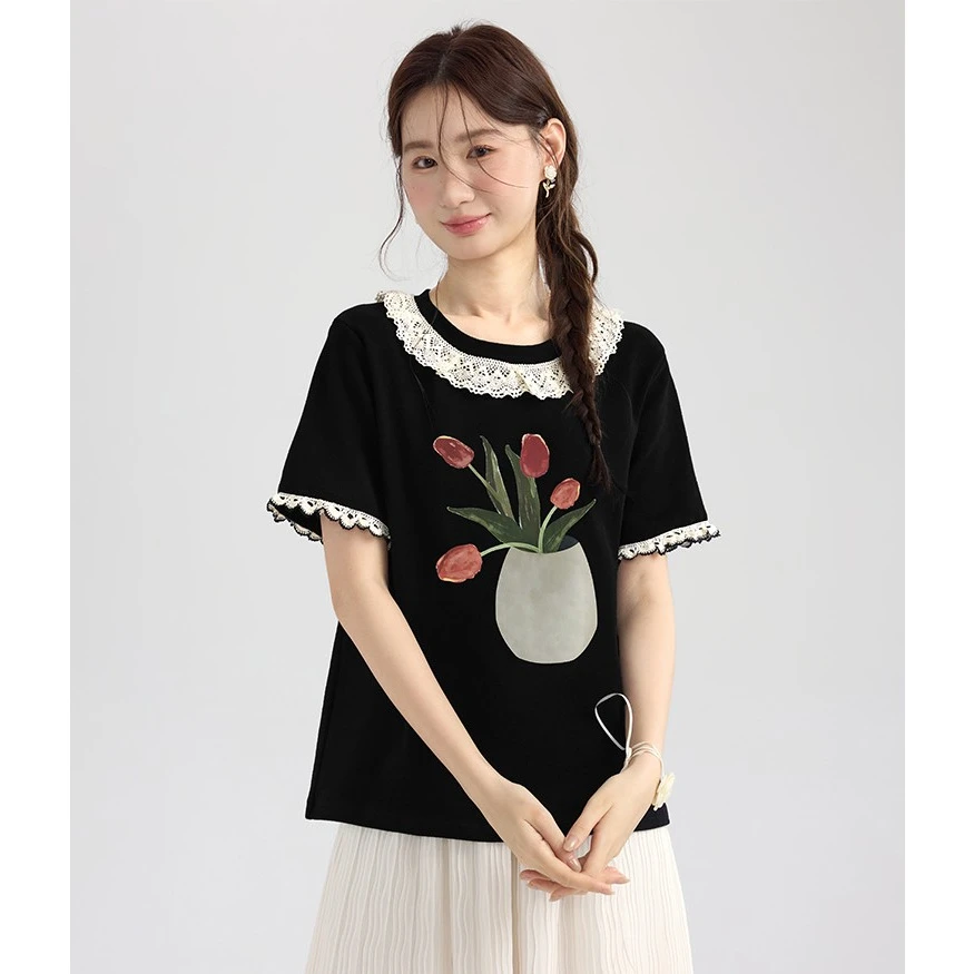 印花小众圆领宽松休闲风复古T恤短袖百搭蕾丝拼接