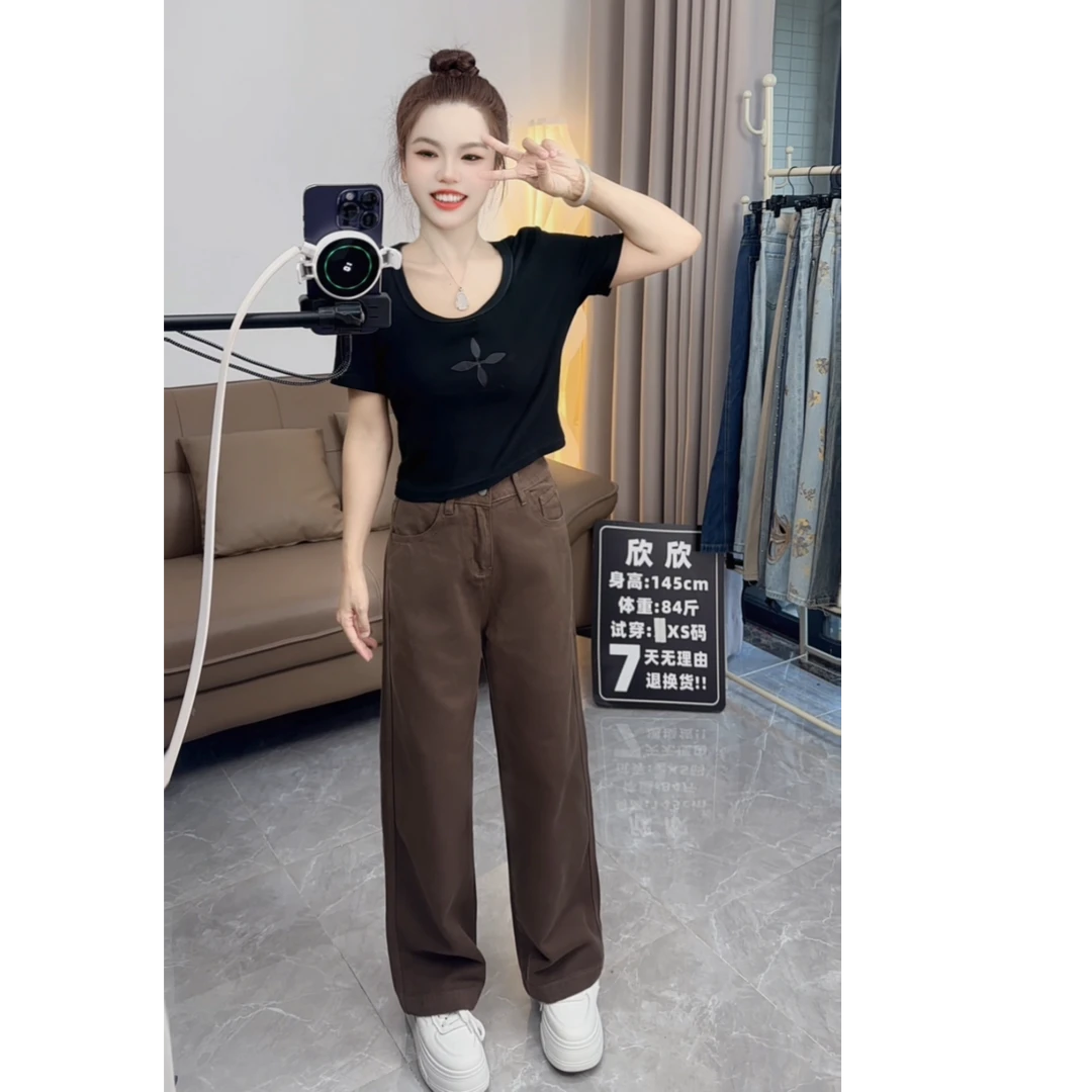 小个子女2025年早秋100棉棕色高腰显瘦宽松垂感百搭牛仔阔腿裤子