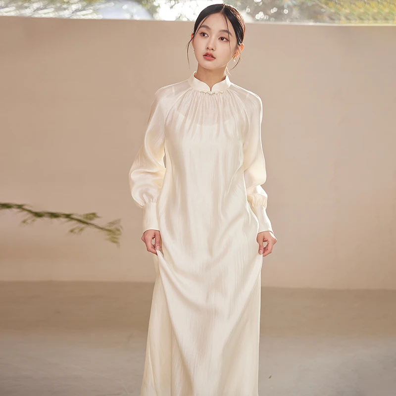 初蝉新中式国风旗袍幽兰秋季醋酸高级简约茶服连衣裙女0337-N