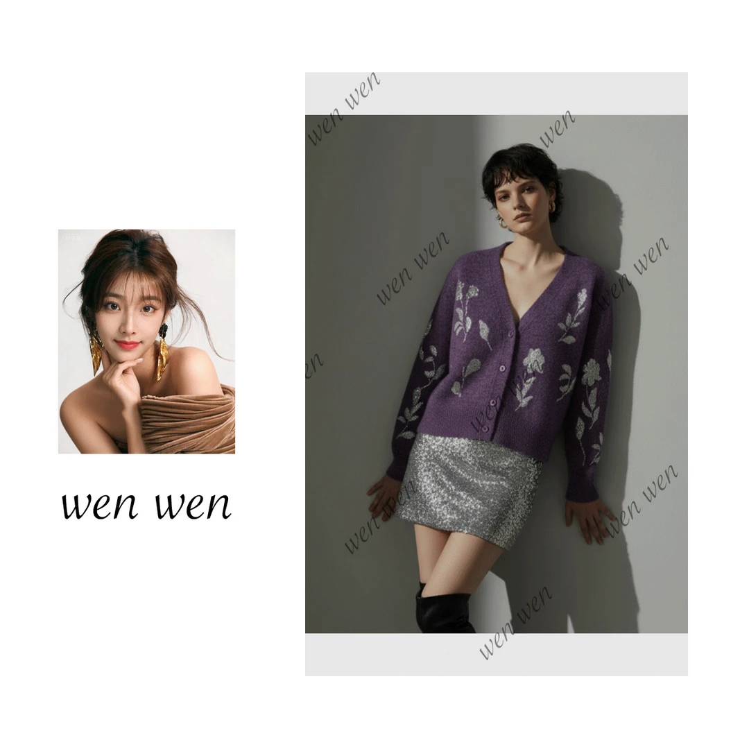 【文WENWEN】银花刺绣V领针织开衫 复古风单排扣开衫毛衣 A918116