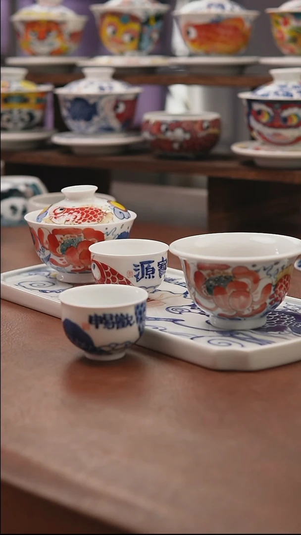 宝源欢畅2杯+盖碗+压手+微瑕壶承逍遥游