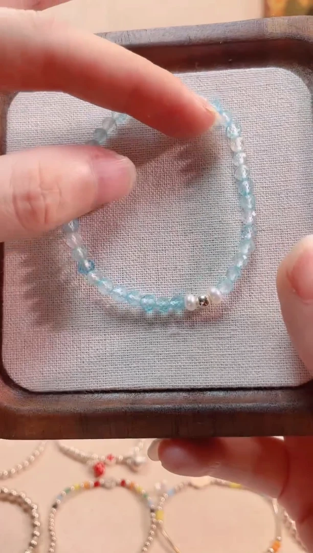 银S925镶嵌托帕石手链蓝色托帕石珍珠手链