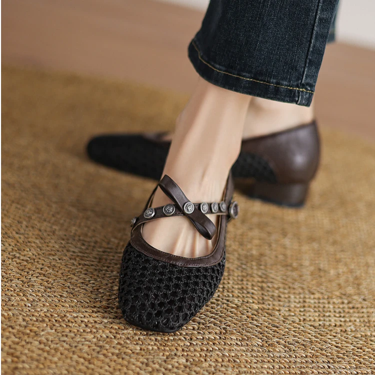 3.5cm方头搭扣式凉鞋时尚爆款春季单鞋夏季软底百搭粗跟中跟浅口
