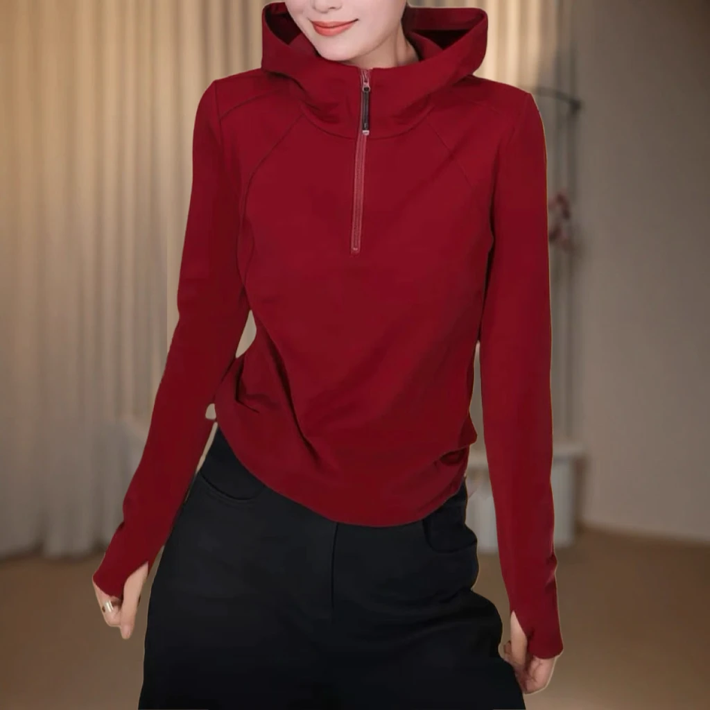 半拉链连帽红色卫衣女2025年秋冬装新款慵懒内搭打底帽衫套头上衣