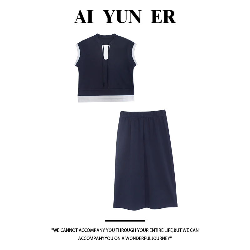 假两件拼接无袖T恤套裙设计感小众 8119