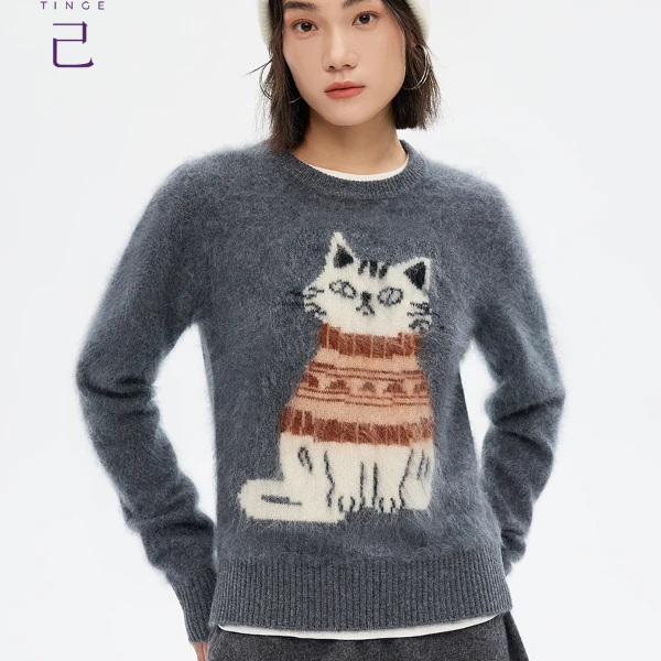 TINGE/贴己猫咪嵌花拉毛中厚100%羊毛衫女秋冬毛衣保暖针织衫上衣