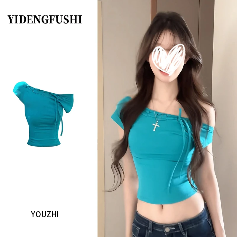 甜辣风设计感斜肩露背绑带露肩短袖上衣夏季新款修身显瘦辣妹T恤