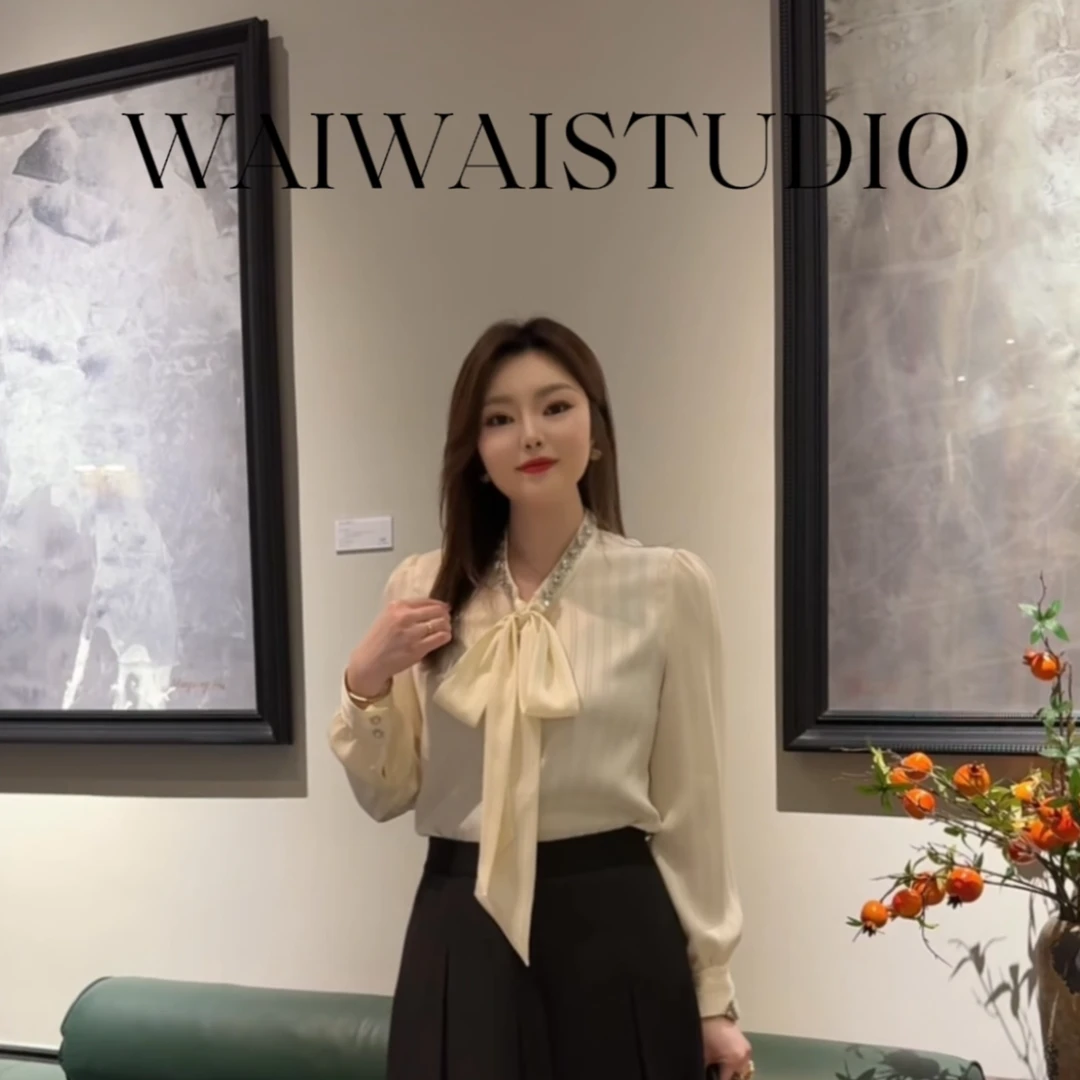 【高奢衬衫】显瘦气质“高奢”手工钉珠钻钻飘带衬衫 25S006