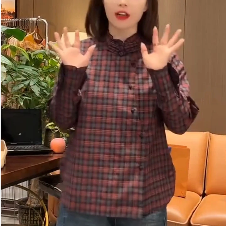 经典长袖衬衫秋季圆领格纹立领木耳女装打底翻领时尚修身显瘦新款