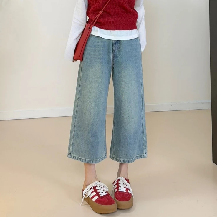 春夏季新款韩版小个子七分直筒裤女高腰显瘦松弛感宽松阔腿牛仔裤