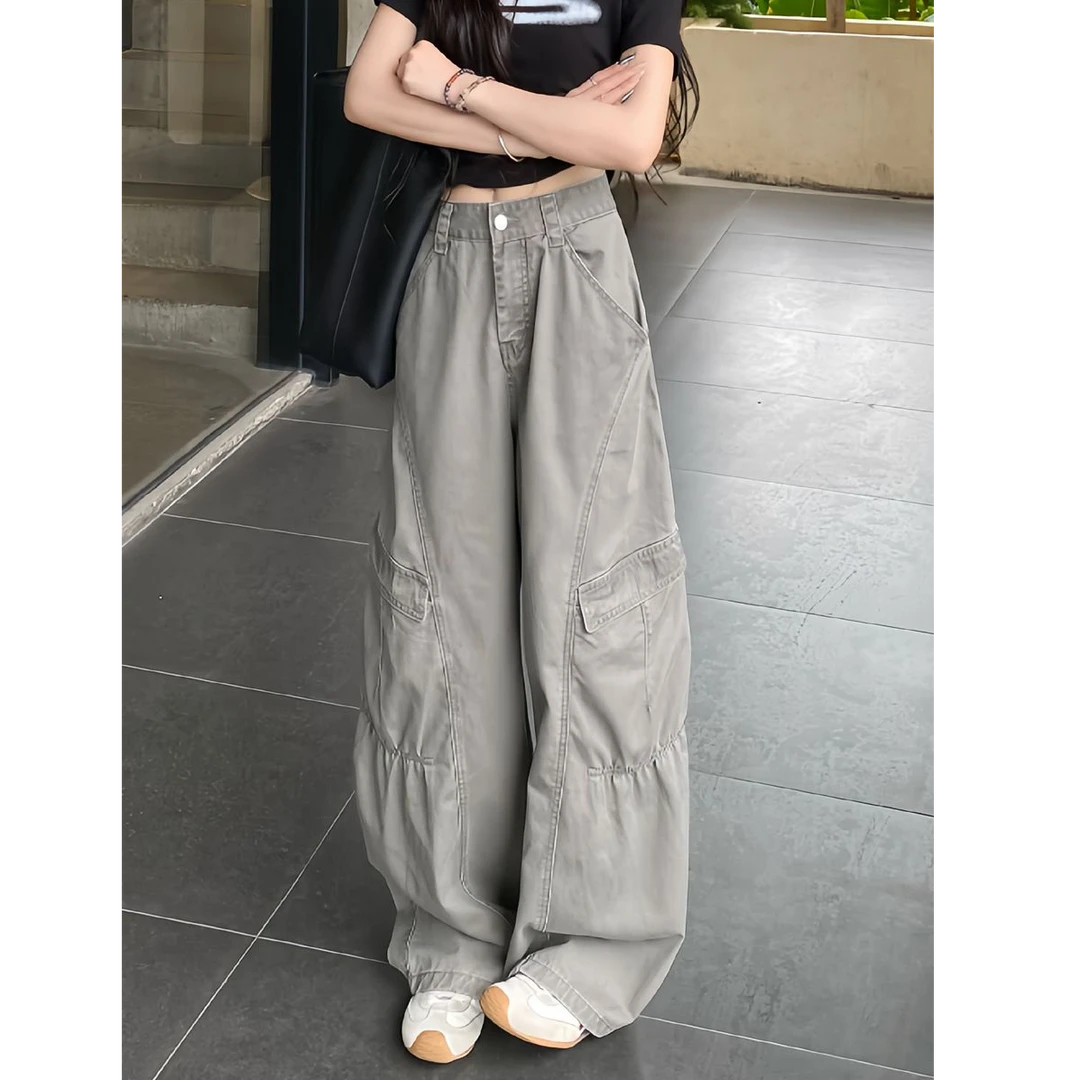 【美美】小个子美式复古工装阔腿牛仔裤女高腰宽松显瘦直筒拖地长裤