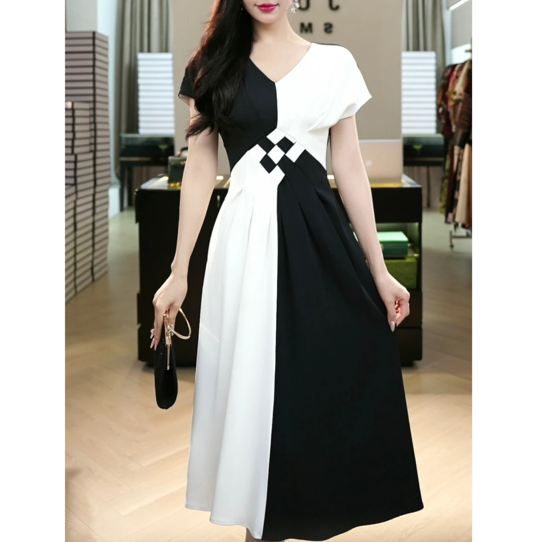 现货2025福利新款【5175-1】轻奢气质高级设计感拼色连衣裙子