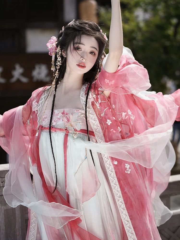 桃花汉服原创重工刺绣一片齐胸唐制大袖诃子元素日常清新春夏套装