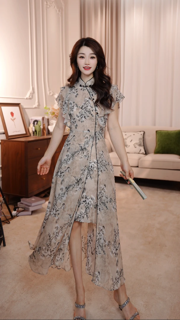 【水墨浅山】25年时尚名媛风优雅气质收腰旗袍高端连衣裙