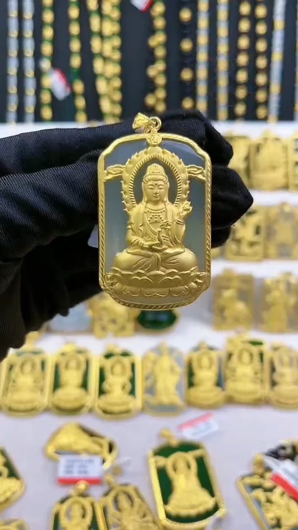 和田玉足金镶嵌吊坠(不含链)黄金和田玉吊坠
