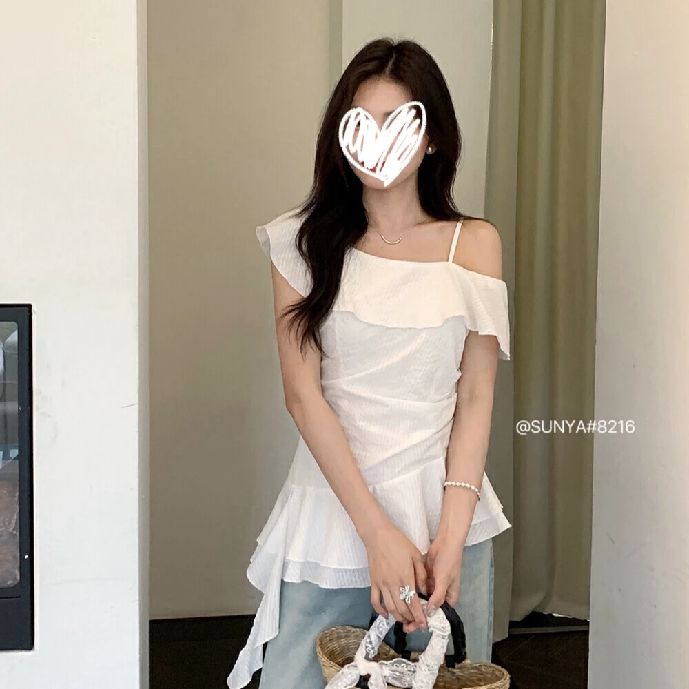 夏季新款韩系纯欲荷叶边不规则T恤露肩吊带上衣女