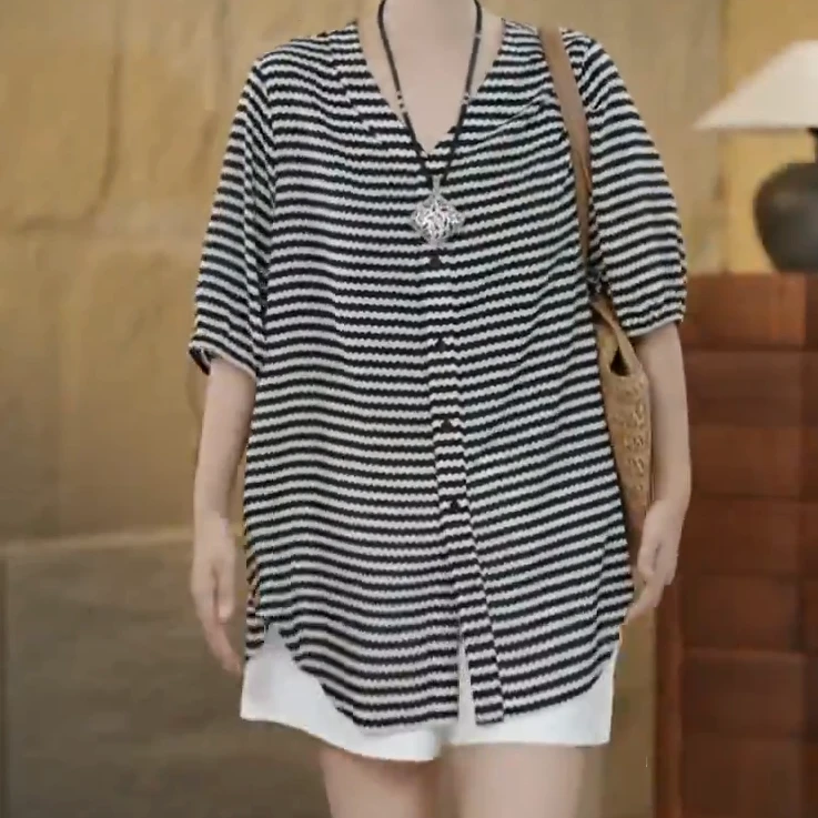 2025年夏季新款条纹拼色宽松款休闲开衫衬衫C5447