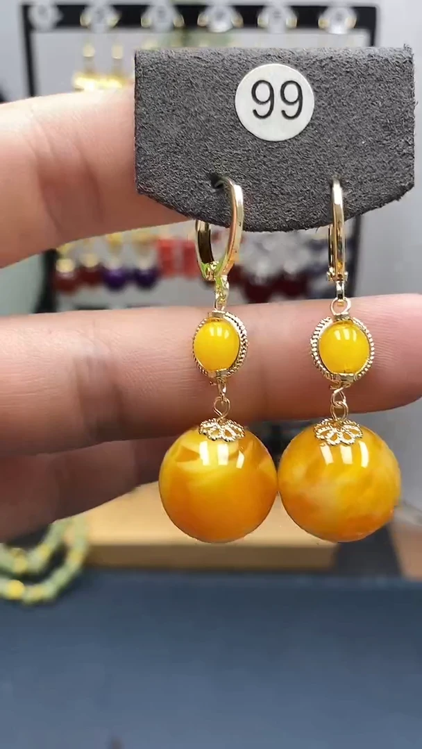 银S925镀金镶嵌蜜蜡耳饰尺寸16mm耳扣D1