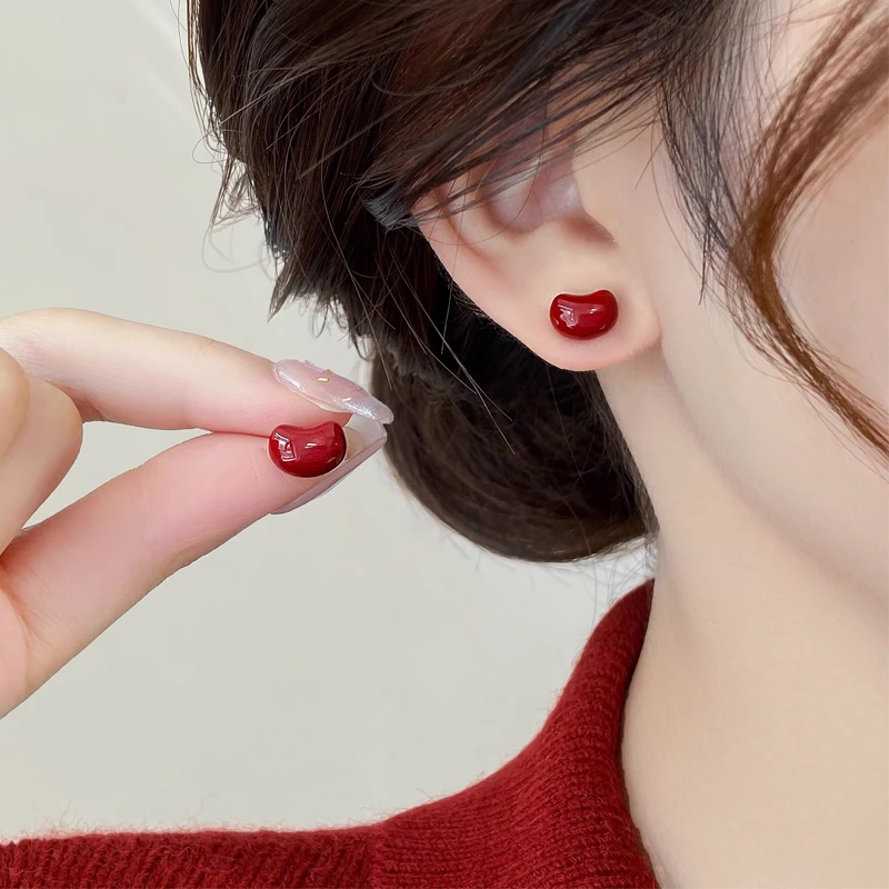 合金耳饰 红色豆豆耳环女2025新款气质百搭耳钉高级感过年耳饰品