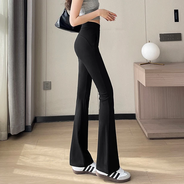 黑色微喇裤女春夏季薄款冰lulu女裤高腰美式冰丝修身运动喇叭裤子