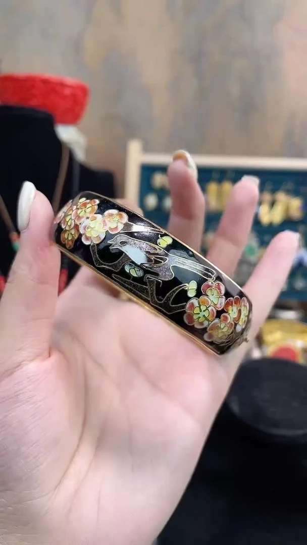 非遗手工景泰蓝开口银蓝镯子黑色黄色花