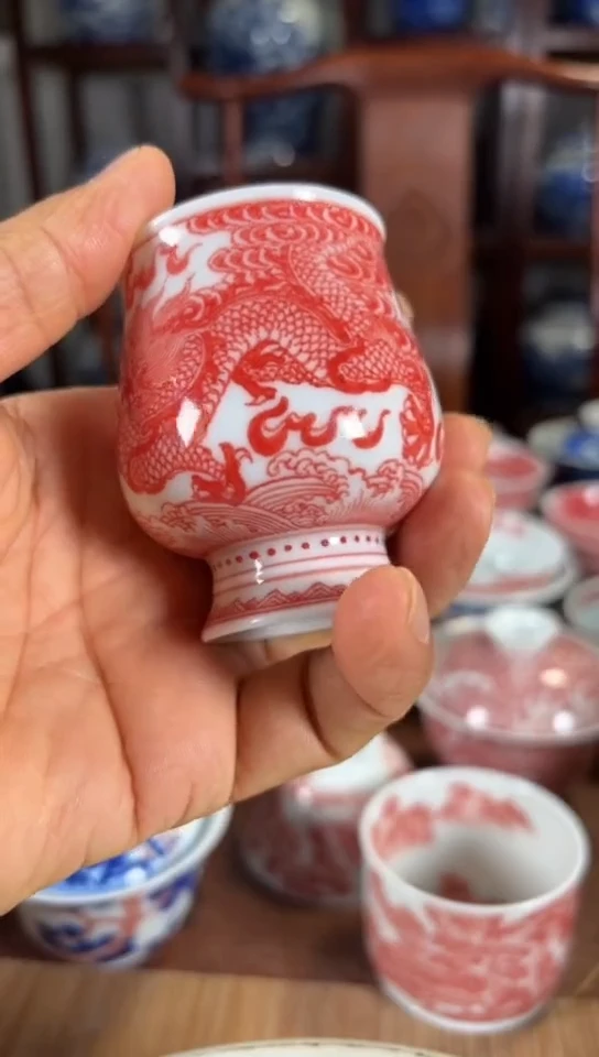 柴窑釉里红双龙高足杯杯