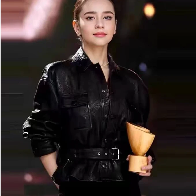 宋佳同款进口泡感绵羊皮短款外套2025新款收腰显瘦翻领真皮夹克