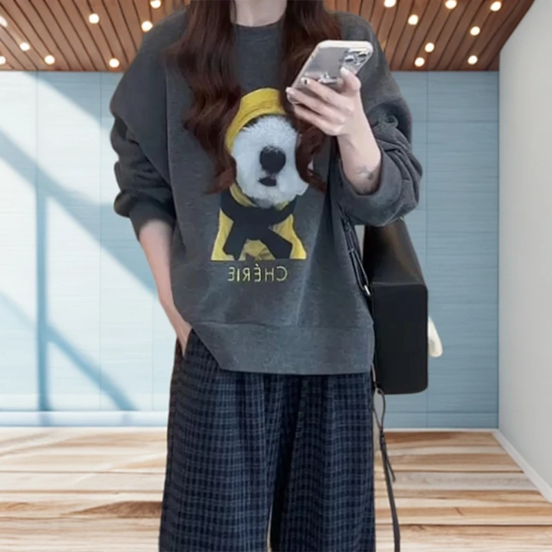 美式复古休闲减龄宽松慵懒圆领卡通小狗字母卫衣C6150