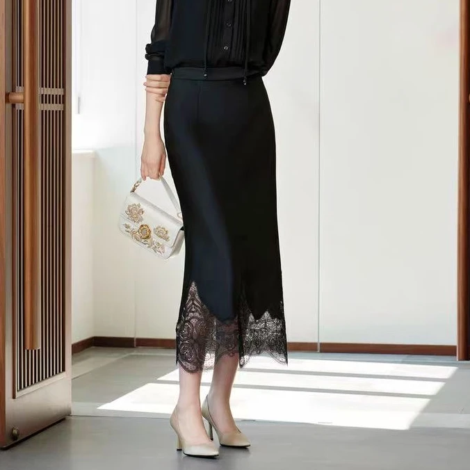 【雅】高级感黑色法式蕾丝花边高腰包臀夏季半身裙ybq002
