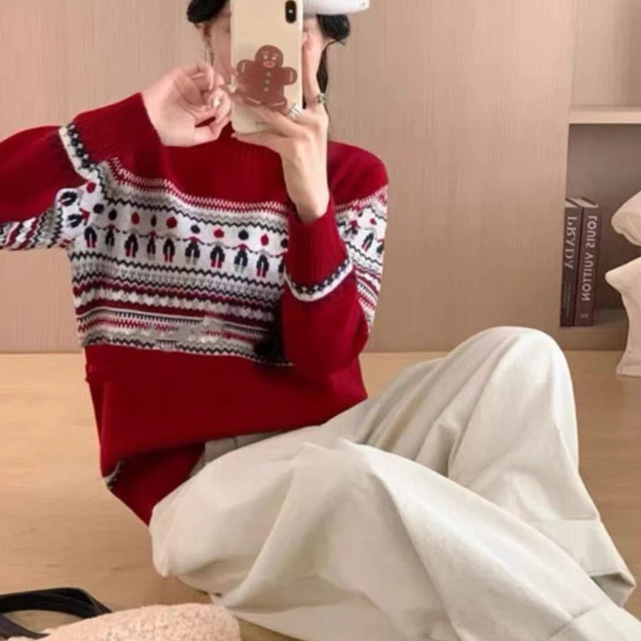 5507彩色提花小立领毛衣宽松休闲复古百搭打底毛衣