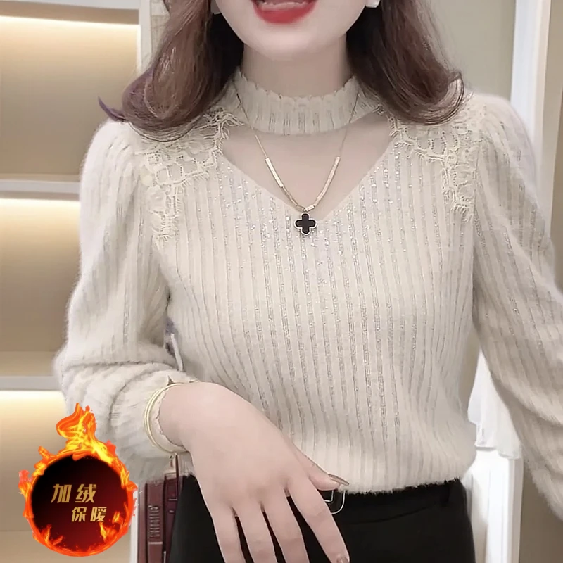 2025新款磨毛蕾丝气质打底衫女新款女装韩版长袖修身时尚百搭上衣
