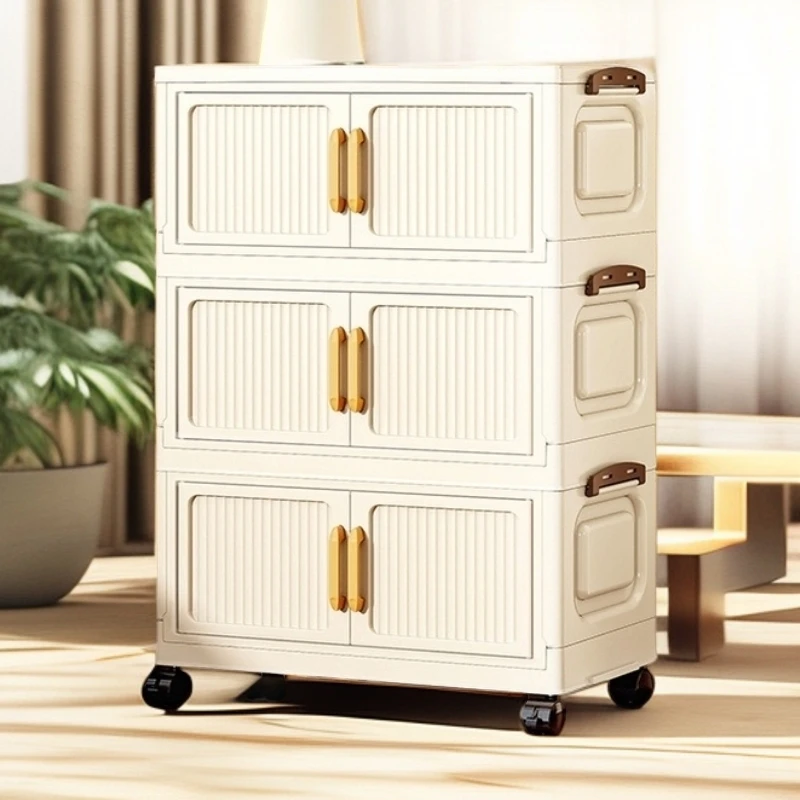 【50面宽三层】客厅双开门竖纹折叠款可移动收纳柜杂物收纳储物柜