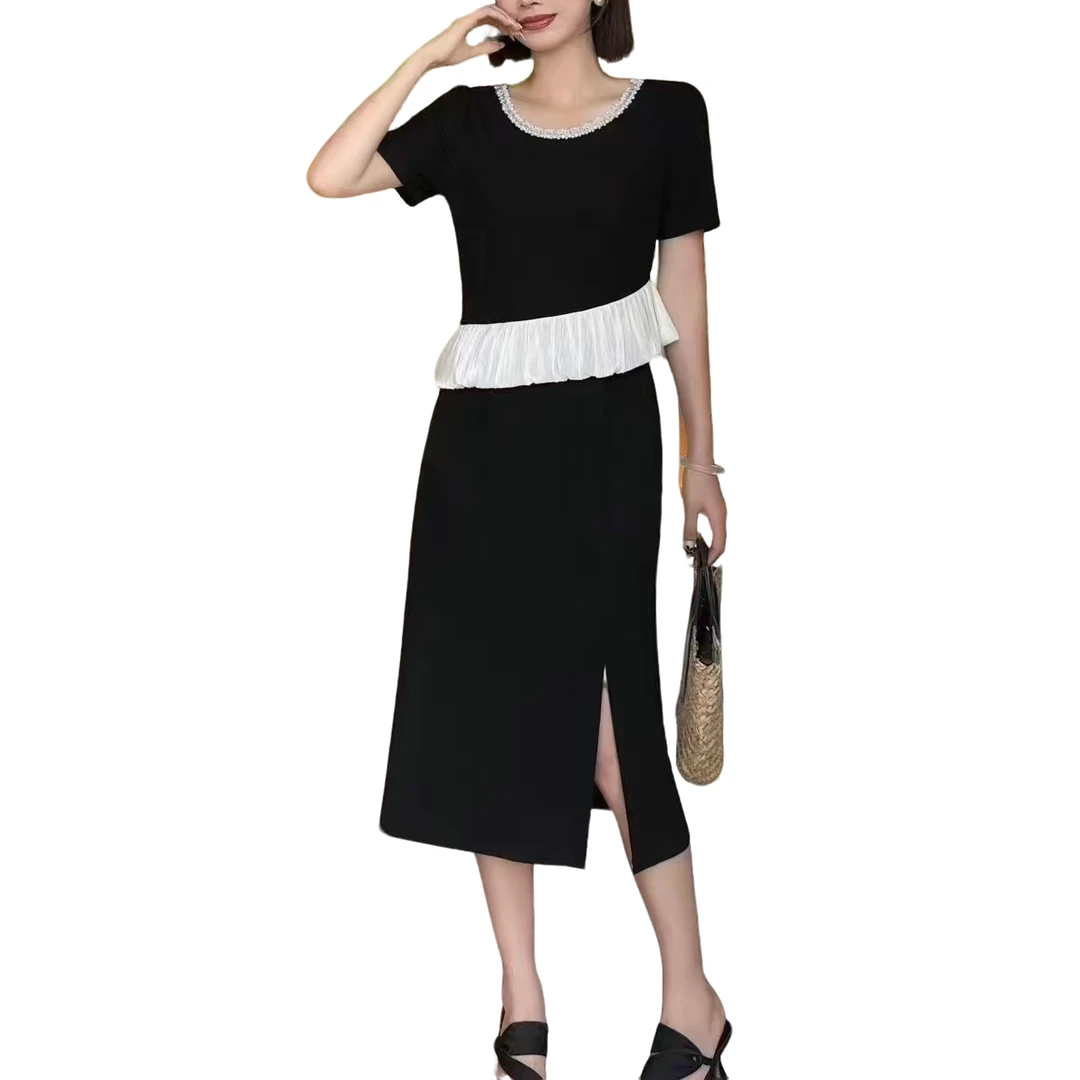 【洋玉服饰】夏季新品2025轻奢高级感圆领钉珠拼色连衣裙短袖长裙