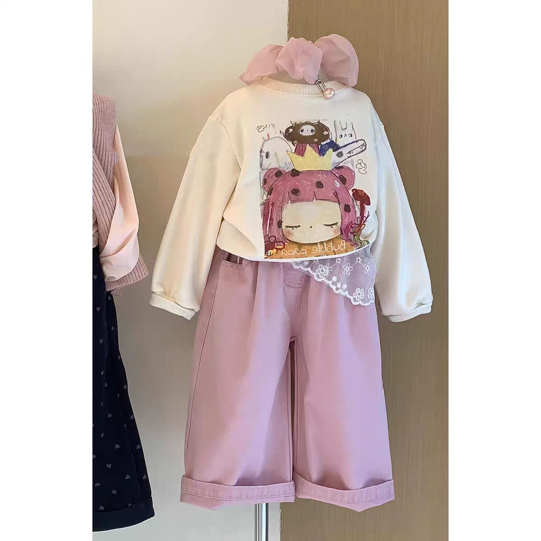 女童套装2025新款时尚女孩洋气卡通卫衣叠穿屁帘直筒裤两件套潮款