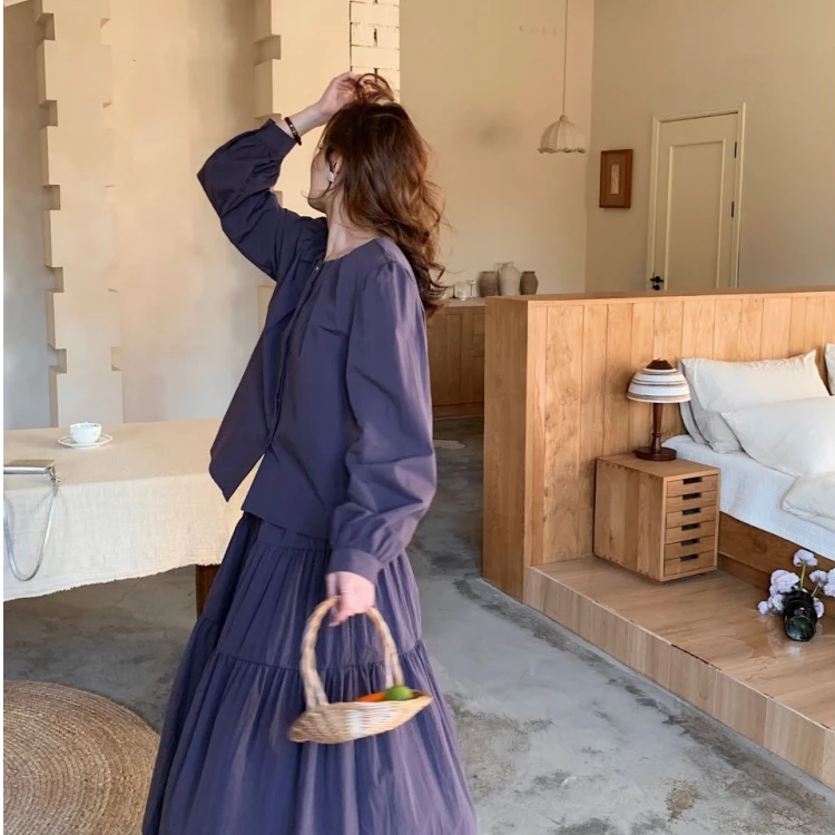 法式紫色半身裙女春夏套装a字大摆长裙设计感高腰显瘦蛋糕裙韩版