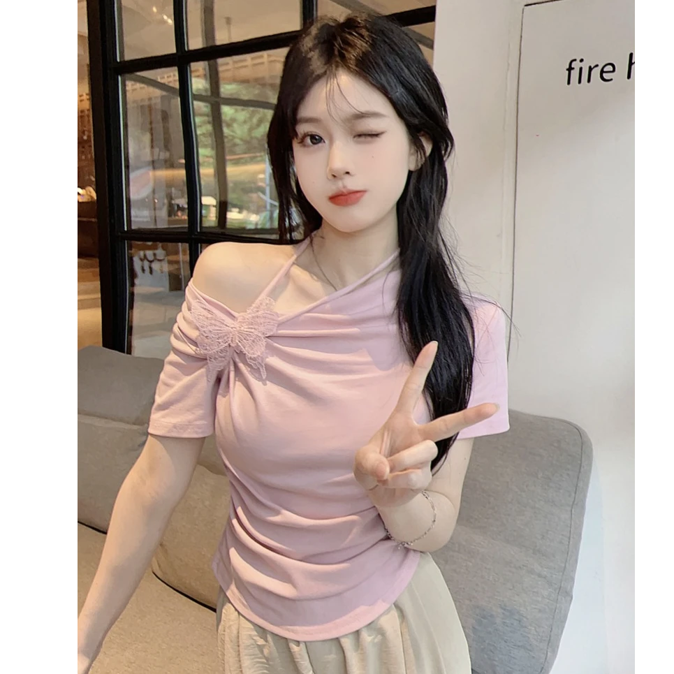 3663大码胖妹妹设计感蝴蝶温柔收腰显瘦遮肚减龄上衣5056