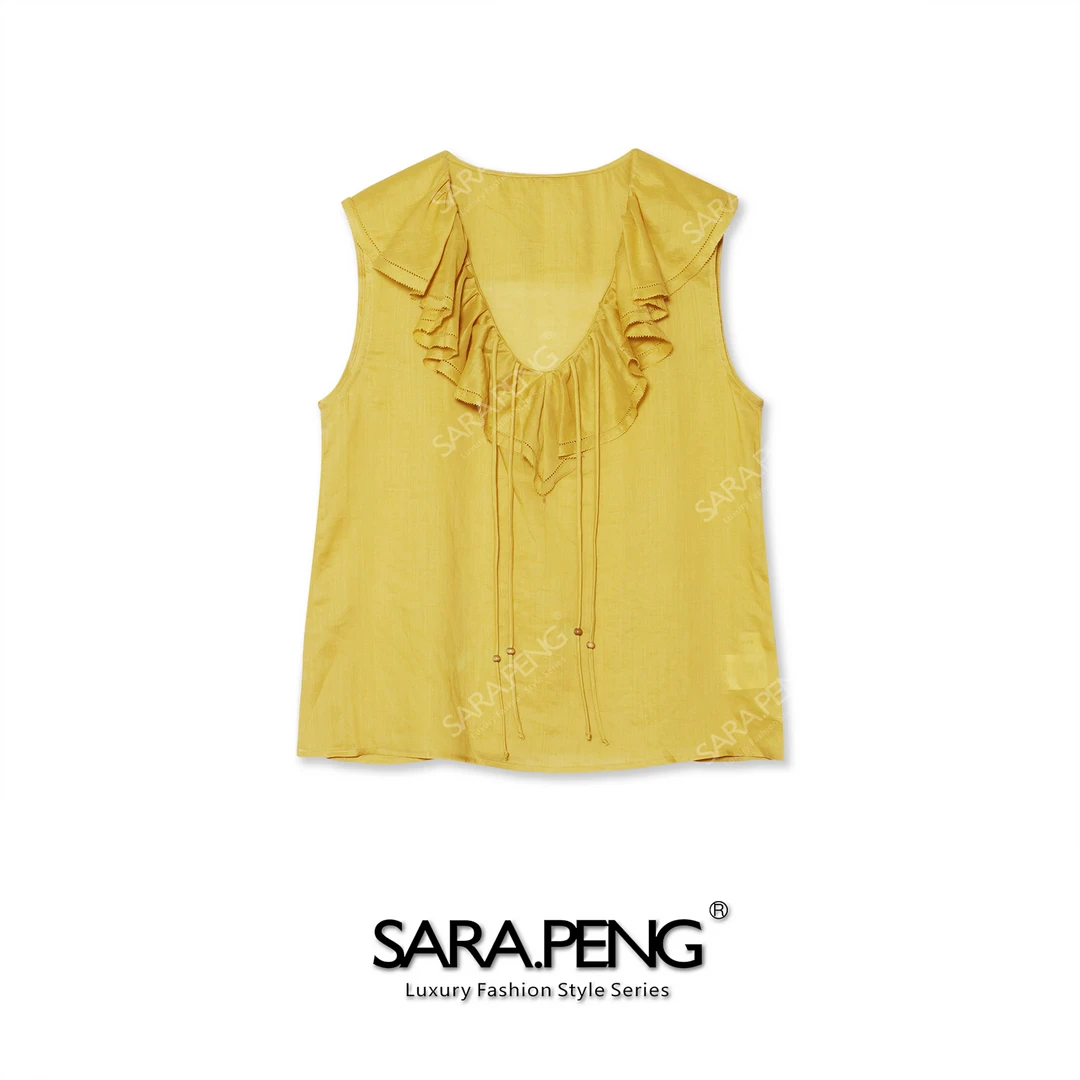 S.P甜美仲夏｜新款全麻感木耳领系带无袖上衣｜百搭减龄｜柔美浪漫