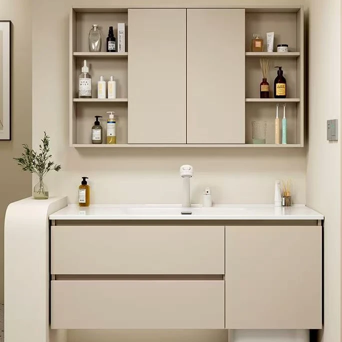 奶油风浴室柜卫生间洗脸盆洗手盆智能镜柜组合整套陶瓷一体盆