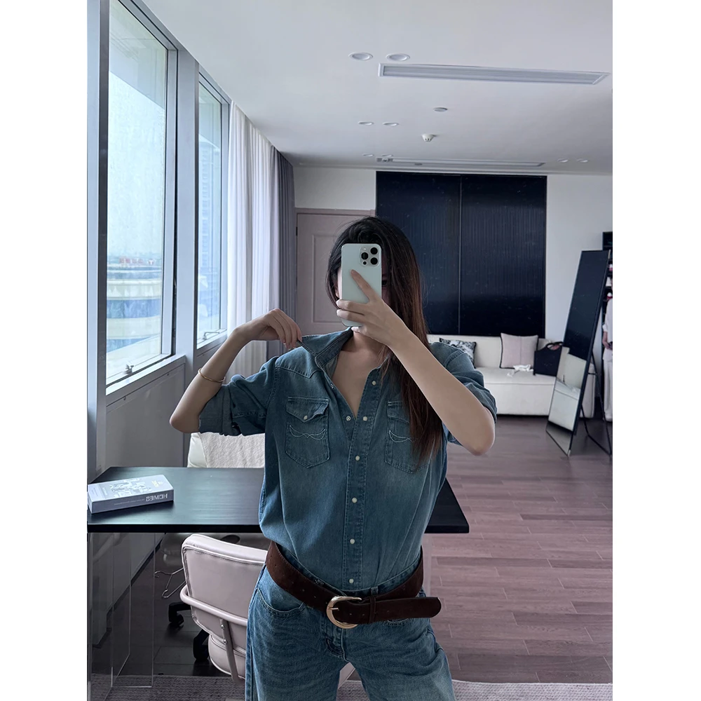 春夏长袖纯棉牛仔衬衫时尚休闲衬衣复古百搭上衣女款22353