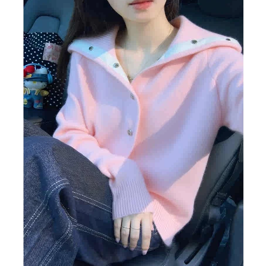 甜美气质粉色翻领针织开衫女2025秋冬新款温柔风减龄显瘦毛衣上衣