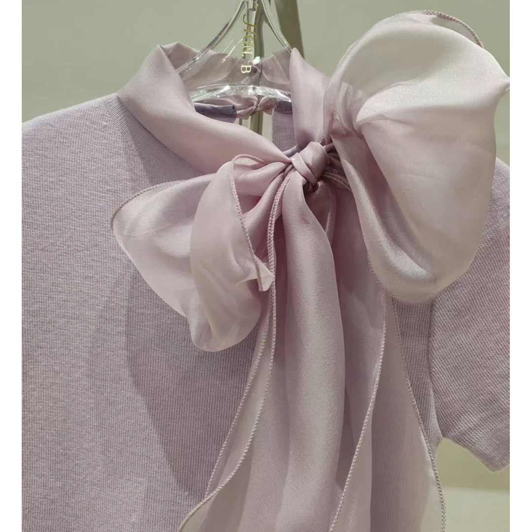 HONB红贝缇夏季短袖蝴蝶结毛针织衫韩版气质衬衫学院白色洋气