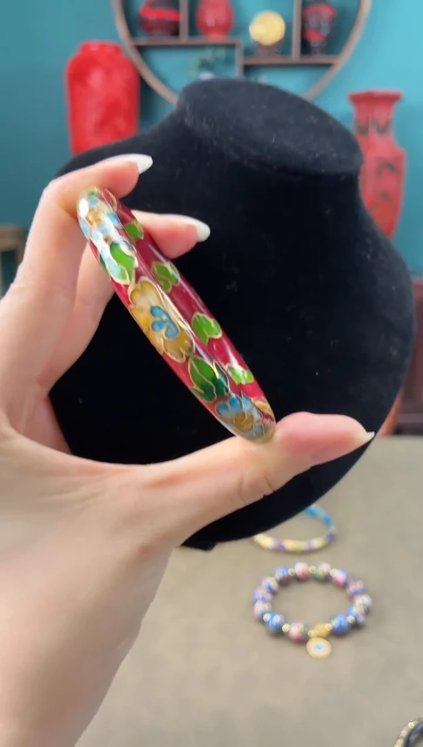 红*手非遗 景泰蓝开口镯 银兰红色 三花60