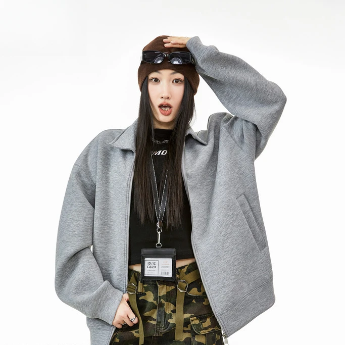 ICHMODE美式纯色立领空气层外套女款2025年春款百搭情侣宽松韩版