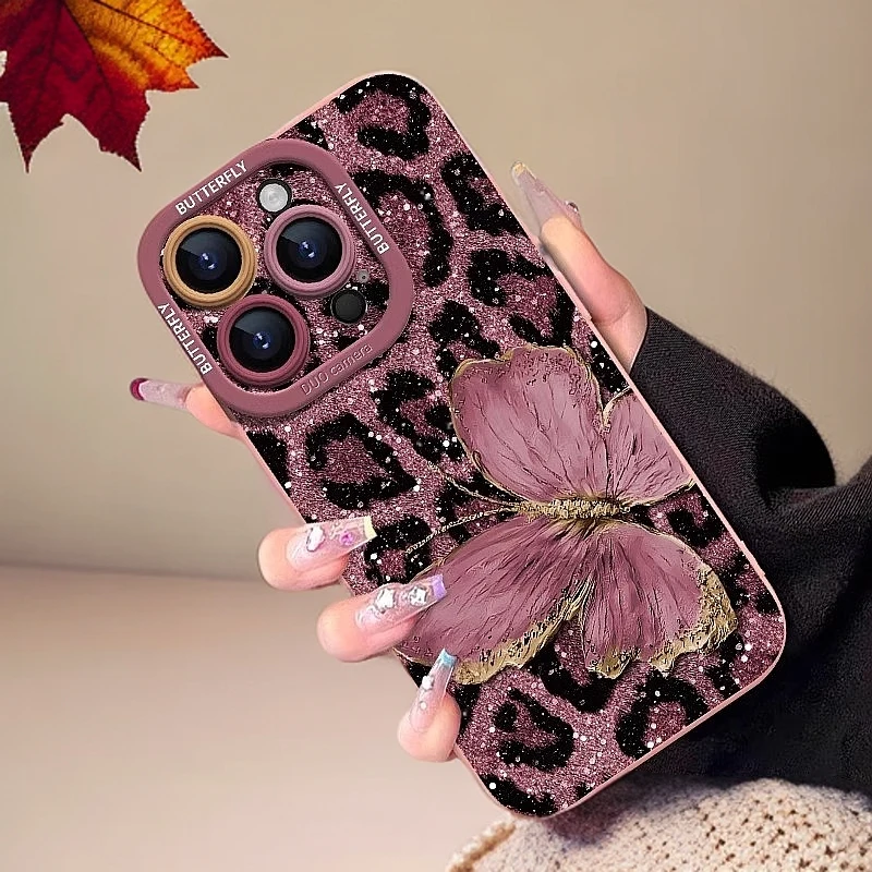 豹纹蝴蝶适用苹果16promax手机壳新年女款华为Mate70全包防摔爆款